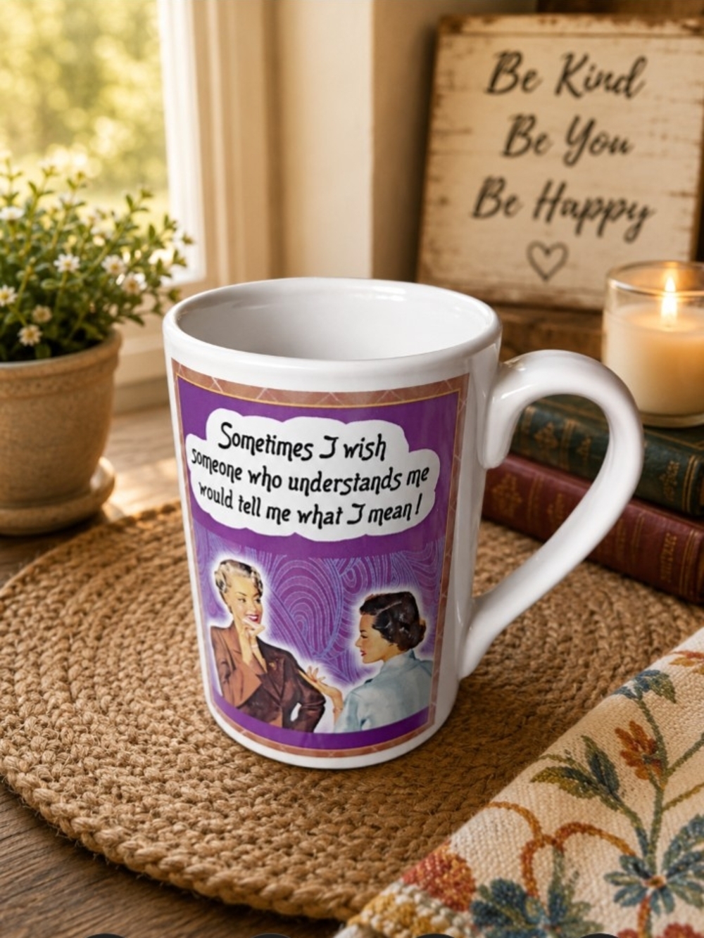 White Ceramic Mug with Purple Retro Graphic Retro Look Cup Santa Barbara Design